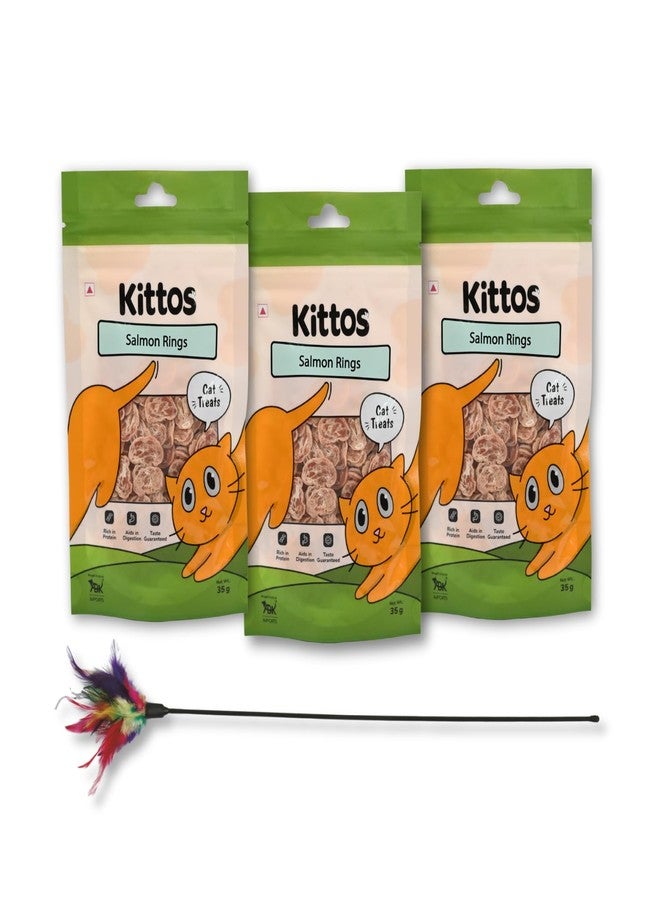 Trixie Combo Deal - Trixie Playing Rod with Feathers, Interactive Teaser Toy, 50 cm with 3 Pack of Kittos Protein Rich Tasty Salmon Rings Cat Treats for Training - Image 1